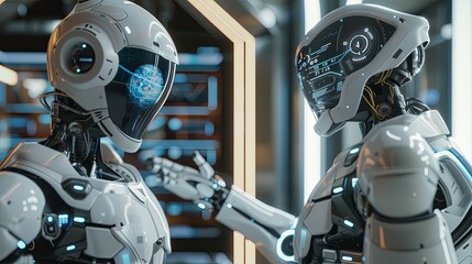 Fototapeta premium A humanoid robot with a touchscreen interface interacts with a human in a futuristic, modern setting. The screen displays various AI functions and options. Generative AI