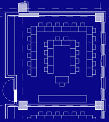 2d architectural drawing illustration of an art classroom for primary school. Educational space for children. Desk layout in U shape. Image in blueprint style. 