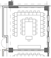 2d architectural drawing illustration of an art classroom for primary school. Educational space for children. Desk layout in U shape. Monochrome image.