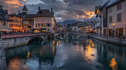 Fototapeta premium Annecy old town cityscape and Thiou river view and bridge