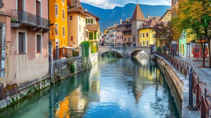 Obraz premium Annecy old town cityscape and Thiou river view and bridge.