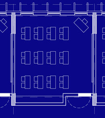 2d architectural drawing illustration of a primary school classroom for 24 students. Basic layout with desks for two. Educational space. Image in blueprint style. 