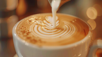 Pour milk into cappuccino coffee.