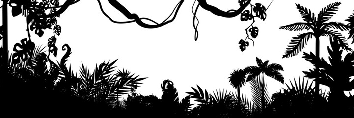 Jungle landscape. Vector background with silhouette of rainforest. Horizontal black panoramic border with lianas, palms, trees and bushes.