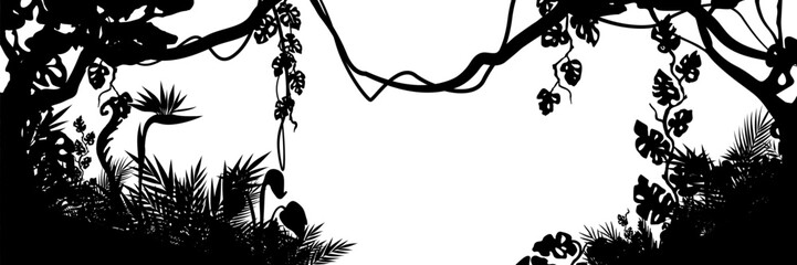 Jungle landscape. Vector background with silhouette of rainforest. Horizontal black panoramic border with lianas, palms, trees and bushes.