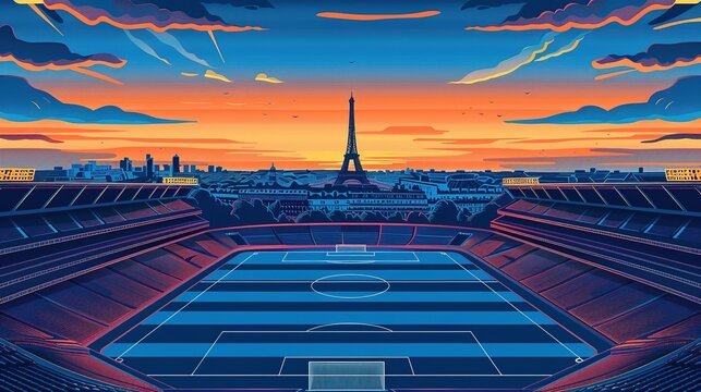 Vector Illustration of a Soccer Stadium in Paris with Eiffel Tower in the Distance at Sunset. Orange and Blue Sky with Clouds in Pop Art, Cartoon, and Vintage Poster Style. 