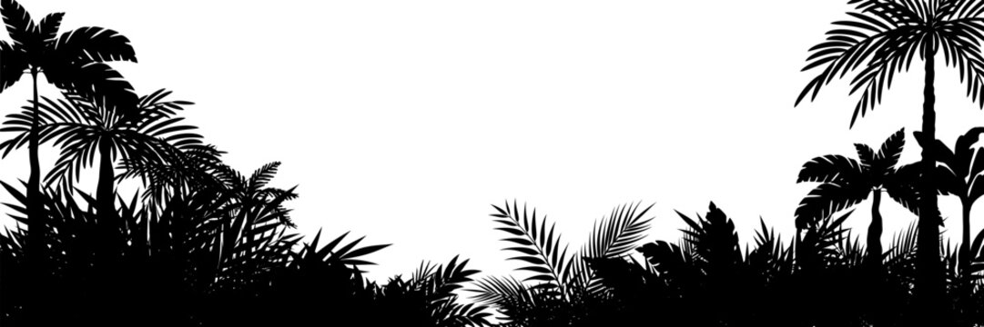 Jungle landscape. Vector background with silhouette of rainforest. Horizontal black panoramic border with palms, trees and bushes.
