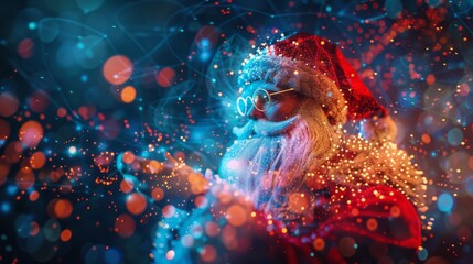 A digital Santa Claus adorned with glowing neon lights and surrounded by vibrant bokeh effects. The festive scene combines technology with the Christmas spirit