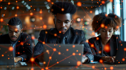 A dynamic scene showing a team of professionals working on laptops, with a network of glowing connections overlaying the image, symbolizing collaboration and technology.