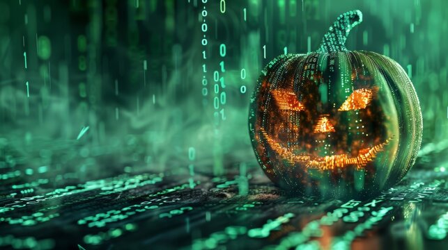 A glowing digital jack-o-lantern against a backdrop of streaming binary code, merging Halloween festivity with advanced technology