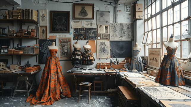 Vintage Dressmaking Workshop - An old-fashioned dressmaking studio with mannequins dressed in elegant gowns, surrounded by patterns and fabrics in a well-lit room.