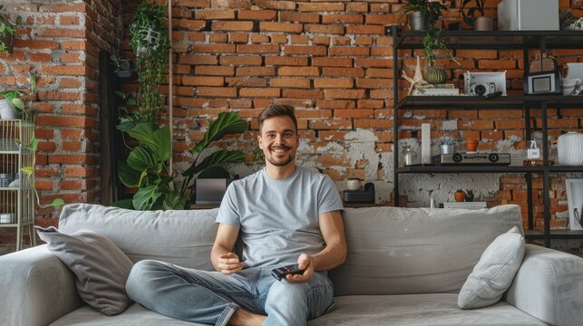 the man on gray sofa - Powered by Adobe