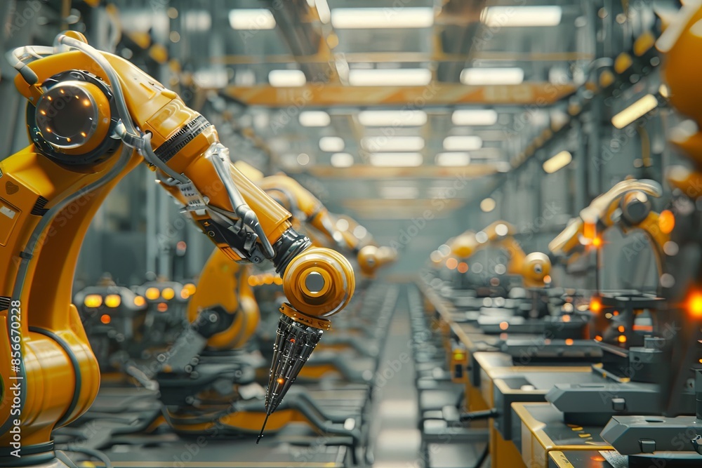 Poster a row of robotic arms in a high-tech manufacturing facility, showcasing automated production process