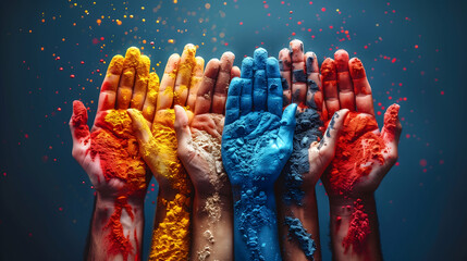 A striking image of diverse hands covered in vibrant paint colors, held together against a dark background, symbolizing creativity and unity.