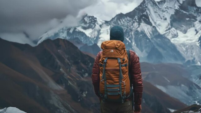 The back of a mountain climber looking at a tall peak in the cold weather.