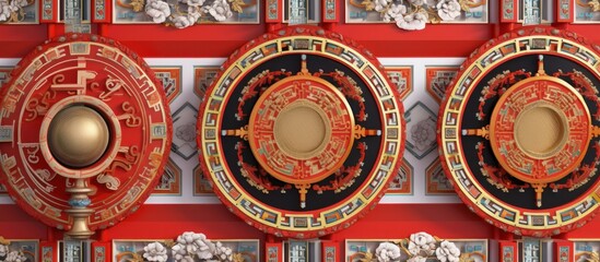 Intricate Circular Designs in Red and Gold