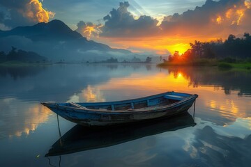 Boat floating and drifting on a lake under thick clouds in the sky
