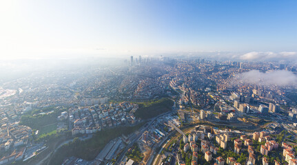 Istanbul, Turkey. Panorama of the city in the morning. Skyscrapers and residential areas. Highways. Aerial view