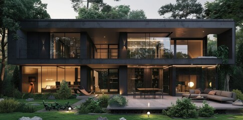 Obraz premium 3D render of a row of houses in the middle of the street, Minimalist modern urban townhouses,3d rendering of the building