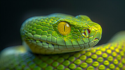 Obraz premium A green snake’s head emerges, scales glistening. Its yellow eye, intense and alert, watches silently. Nature’s perfect predator, poised and ready