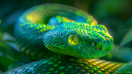 Fototapeta premium In the forest’s embrace, a green serpent lies coiled. Its yellow eye, a piercing beacon, surveys the domain. Nature’s intricate design is embodied in its scales.