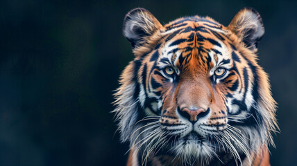 Fototapeta premium A tiger’s piercing gaze captivates, its orange fur and black stripes striking. The portrait embodies wild elegance.