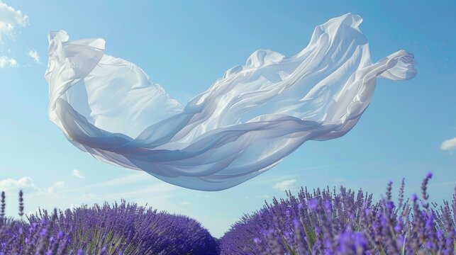 Against a clear blue sky a whimsical fabric floats freely above the fragrant lavender field.