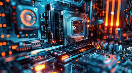 Fototapeta premium Close-up of a Computer Motherboard with LED Lighting