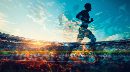 Dynamic silhouette of a runner in motion against a stunning sunset backdrop in a stadium, capturing athleticism and energy.