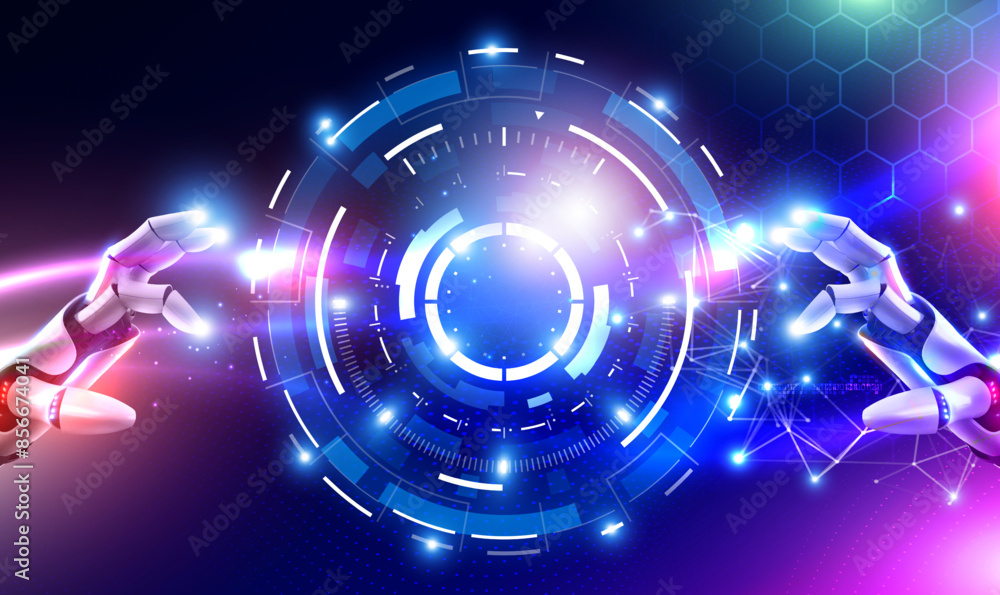 Poster futuristic technology robot touch on glowing hud circle. robot touching on big data network connecti