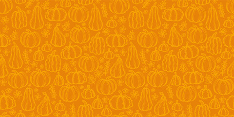Beautiful pumpkin halloween thanksgiving seamless pattern, cute cartoon pumpkins hand drawn background, great for seasonal textile prints, holiday banners, backdrops or wallpapers - vector surface