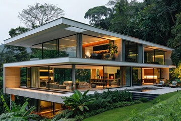 Fototapeta premium Unique modern house with huge glass windows surrounded by the jungle