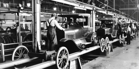 A historical black-and-white photograph of an assembly line with workers building early model cars. The image captures the engineering ingenuity and industrial atmosphere