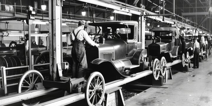 Fototapeta A historical black-and-white photograph of an assembly line with workers building early model cars. The image captures the engineering ingenuity and industrial atmosphere