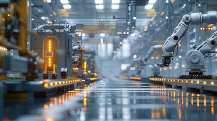 Fototapeta premium A futuristic view inside a high-tech manufacturing plant, showcasing robotic arms and automated systems, optimizing production processes. Generative AI