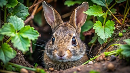 Fototapeta premium Cute Wild Bunny Peeking Out Of His Hiding Spot In The Woods.