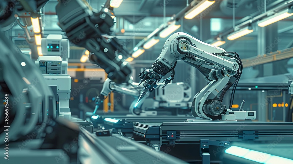Leinwandbilder a close-up view of a high-tech manufacturing plant featuring robotic arms and automated systems. gen