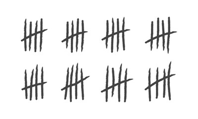 Hand drawn lines or sticks and brush strokes sorted by four and crossed out, prison counting lines, slash scratches on the wall, jail grunge outline numbers flat vector illustration.
