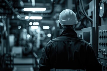 Obraz premium Engineer Inspecting Control Panel in Industrial Setting with Machinery Background