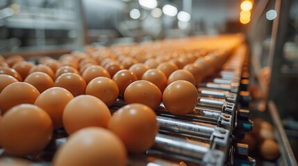 chicken egg production line. chicken produced raw eggs on a conveyor belt at a poultry farm