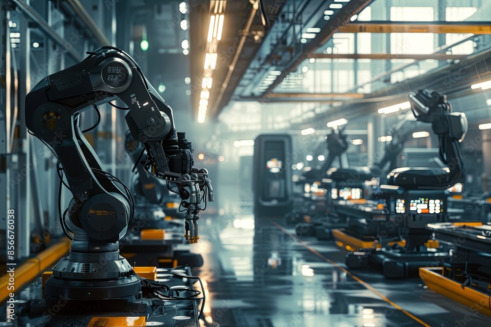 Poster a row of robotic arms operate within a clean, high-tech manufacturing facility, showcasing automated