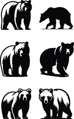 Bear silhouette, various poses of bear, standing, walking, sitting, wildlife, nature, animal, black, outline, wild, mammal, grizzly bear collection