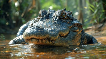Fototapeta premium Alligator in the Wild, Crawling on Land