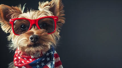 A Yorkie dog wearing patriotic red sunglasses