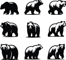 Bear silhouette, various poses of bear, standing, walking, sitting, wildlife, nature, animal, black, outline, wild, mammal, grizzly bear collection