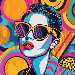 Pop art fashion model with sunglasses, set against a vibrant 80s pattern, emphasizing bold and colorful retro aesthetics