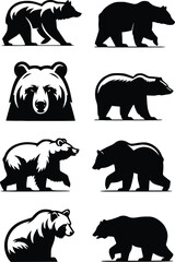 Bear silhouette, various poses of bear, standing, walking, sitting, wildlife, nature, animal, black, outline, wild, mammal, grizzly bear collection