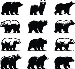 Bear silhouette, various poses of bear, standing, walking, sitting, wildlife, nature, animal, black, outline, wild, mammal, grizzly bear collection
