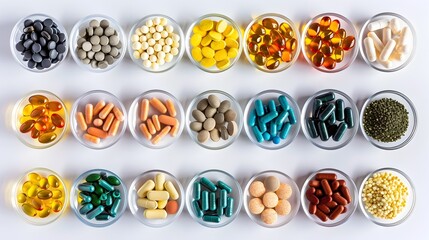 Assorted Dietary Supplements Artfully Arranged on a White Background