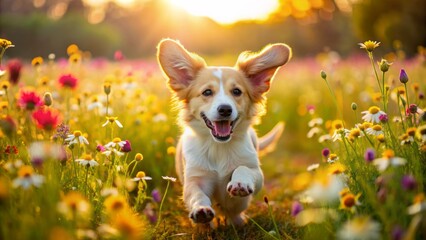 Adorable puppy runs freely amidst vibrant summer flowers, ears perked up, tail wagging, and a joyful smile, completely carefree and utterly adorable.